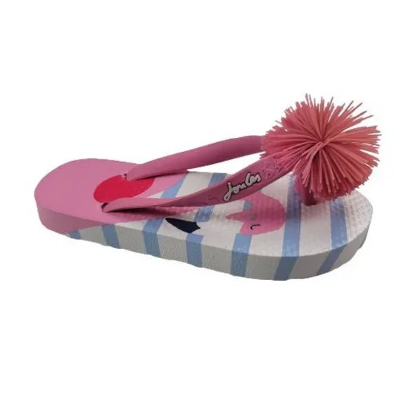 Joules Pom Pom Pink Flamingo Striped Flip Flops - Picture 1 of 7